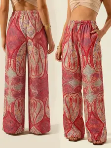 Women's Fashion Bohemian Floral Print Long Pants, Perfect for Home and Vacation, Waist Drawstring + Side Pockets, Comfortable and Stylish