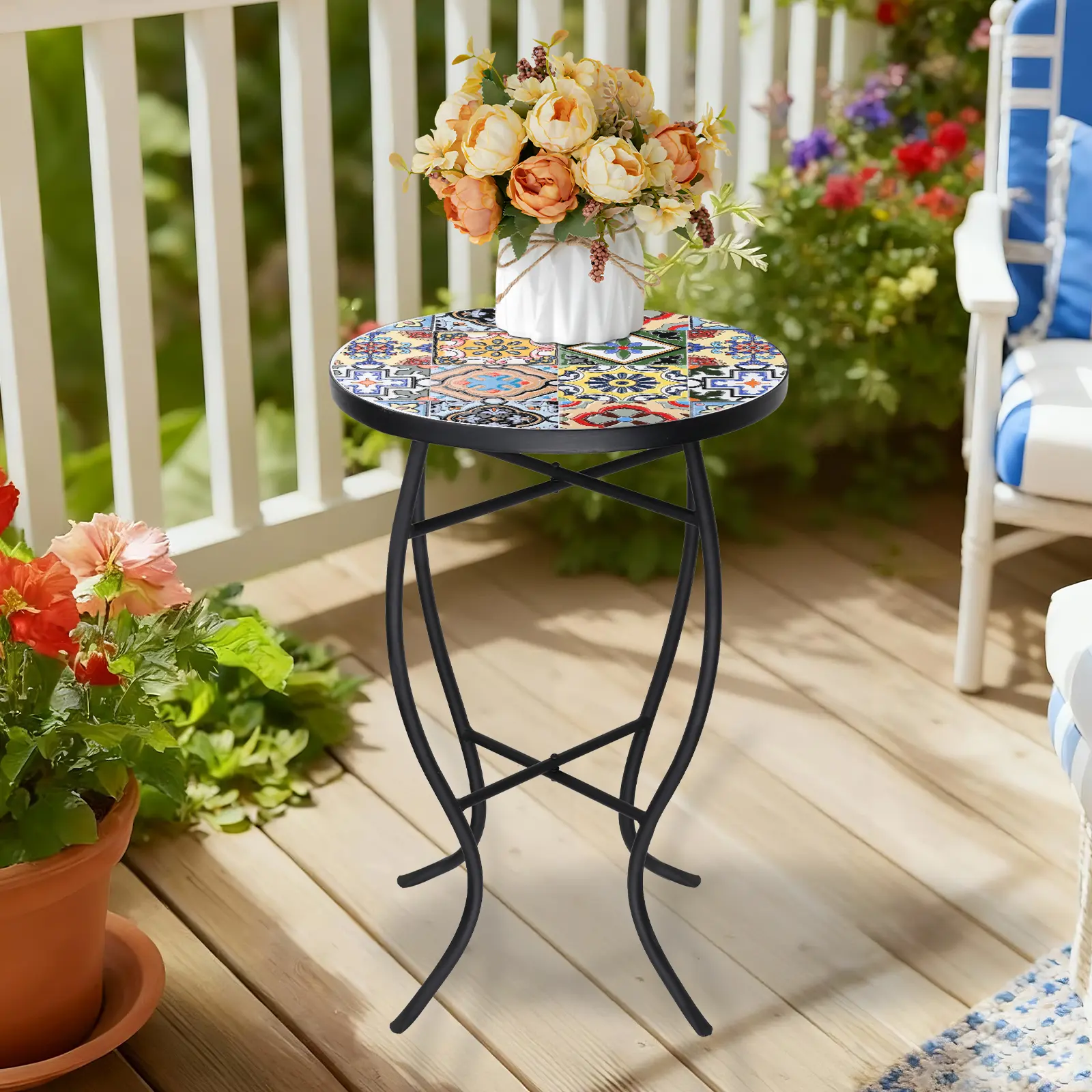 MUMTOP Handmade Mosaic End Table - 21in Dia Round, 14in Ceramic Tiles Top, Metal Grid Frame, Artisan Charm, Quick Setup, Weatherproof, Plant Stand for Covered Patio, Balcony, Assembly Required
