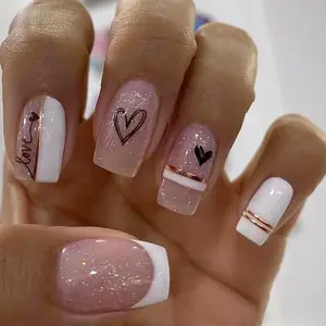 Glossy Cute French Style Heart & Line Pattern Long Square Fake Nail Press On Nails For Women & Girls, 24pcs/set Removable Nail Art, Artificial Full Cover, Christmas Gift, French Tip
