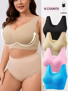 4-COUNTS Women's Plus Size Double Layer Seamless Soft Comfort Push Up Bra, Breathable Stretch Vest with Removable Padding, Wireless Casual Lady Lingerie Basics Underwear,Fit for Daily and Sport to Wear