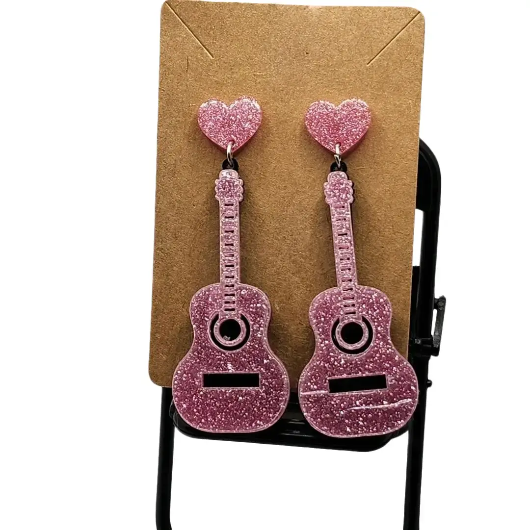 Glittery Pink Resin Crafted Guitar Studs Earrings for Any Event, All Seasons, Lightweight Fit, Unique Design Comfortable Girl Costume Jewelry