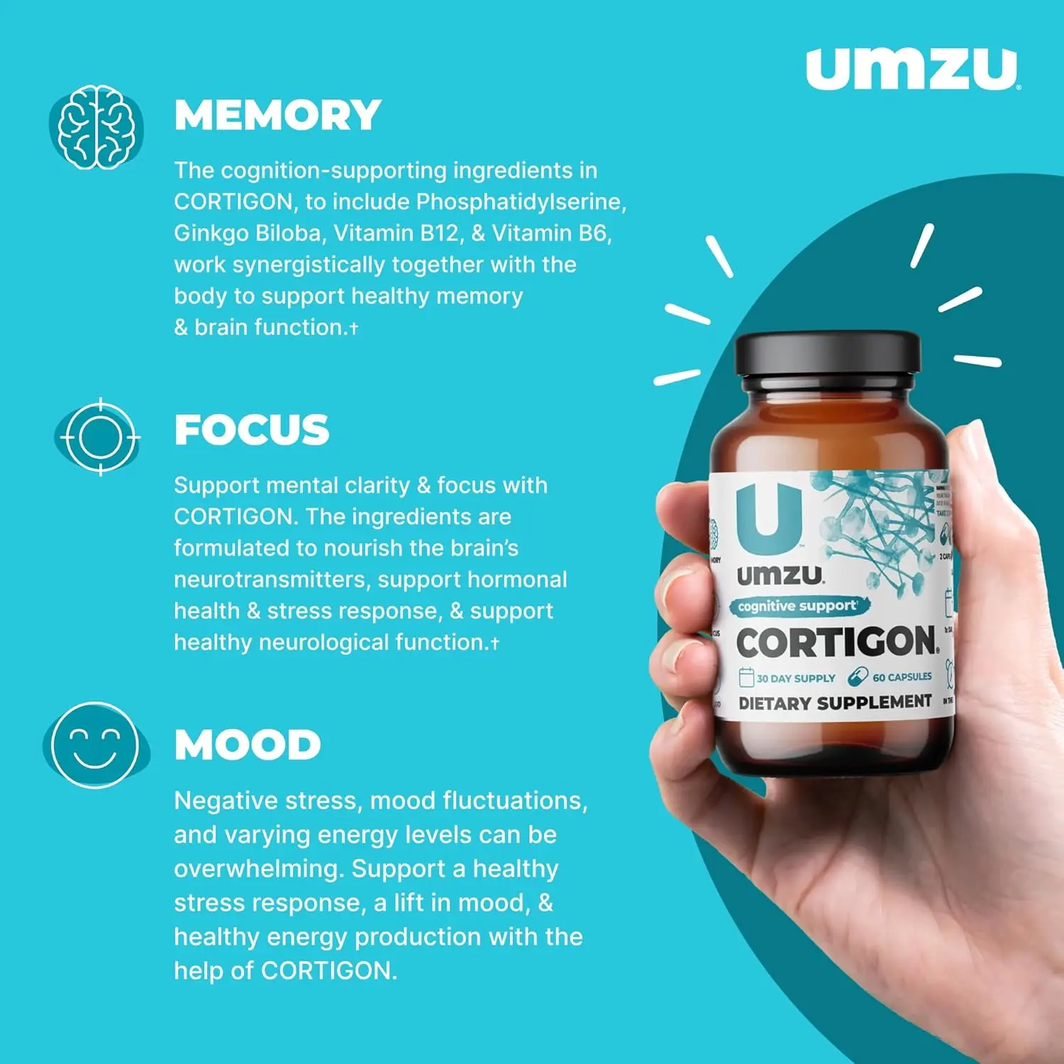 UMZU Cortigon Natural Cortisol Support Capsules - Natural Supplements for Adults, Stress Relief, Cortisol Balance, Brain Health, Focus Support, with Ginkgo Botanical Extracts, Phosphatidylserine, Vitamin B Minerals, 60 Count