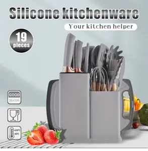 19 Piece Kitchenware Utensils and Knife Set- Includes: 9 Piece Silicone Cooking Utensils- 5 Piece Sharp Stainless Steel Chef Knives- Scissors -Whisk Tongs and Cutting Board (Gray)