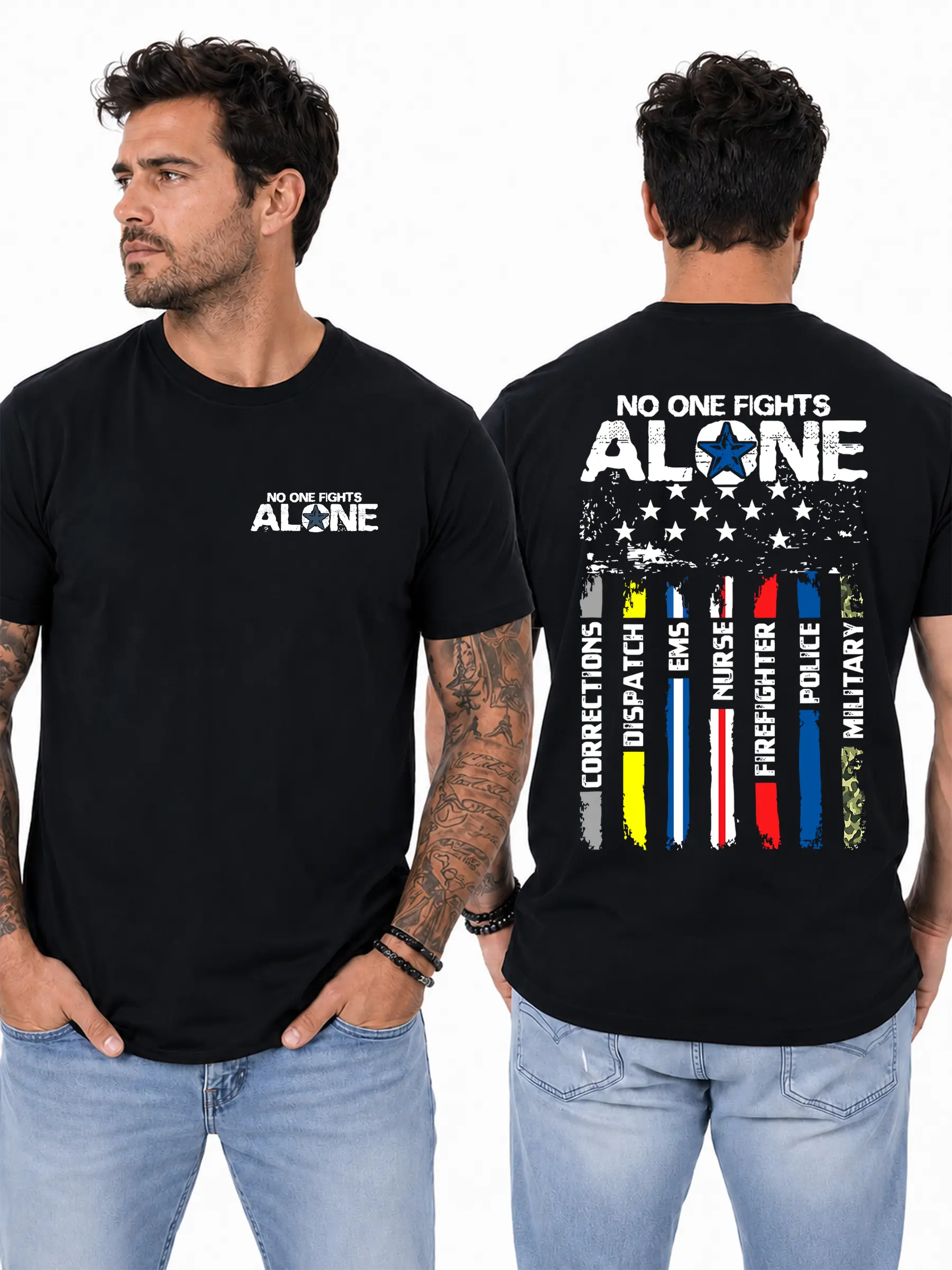 First Responder Support T-Shirt, Distressed American Flag & Public Service Graphic Design, Emergency Services Graphic Shirt for Responders & Essential Workers, Gift for Service Professionals