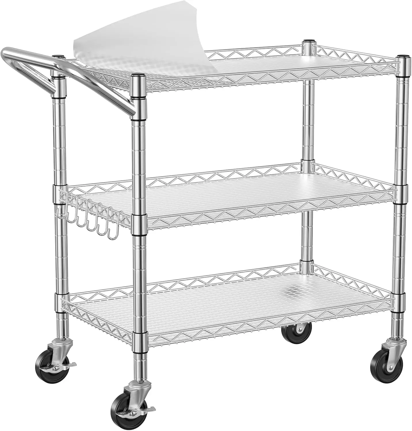 NTE 3 Tier Heavy Duty Rolling Utility Cart on Wheels, 990Lbs Capacity Rolling Wire Cart, Kitchen Carts on Wheels, NSF Commercial Metal Serving Cart with Handle and Shelf Liners for Kitchen, Restaurant