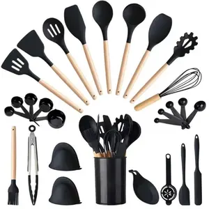 35-Piece Heat Resistant Silicone Cooking Utensil Set - High Temp Safe, Wooden Handle Kitchen Tools Including Stirring Spatulas, Spoons, Tongs, Brushes, Storage Rack, Ideal for Summer Gifting