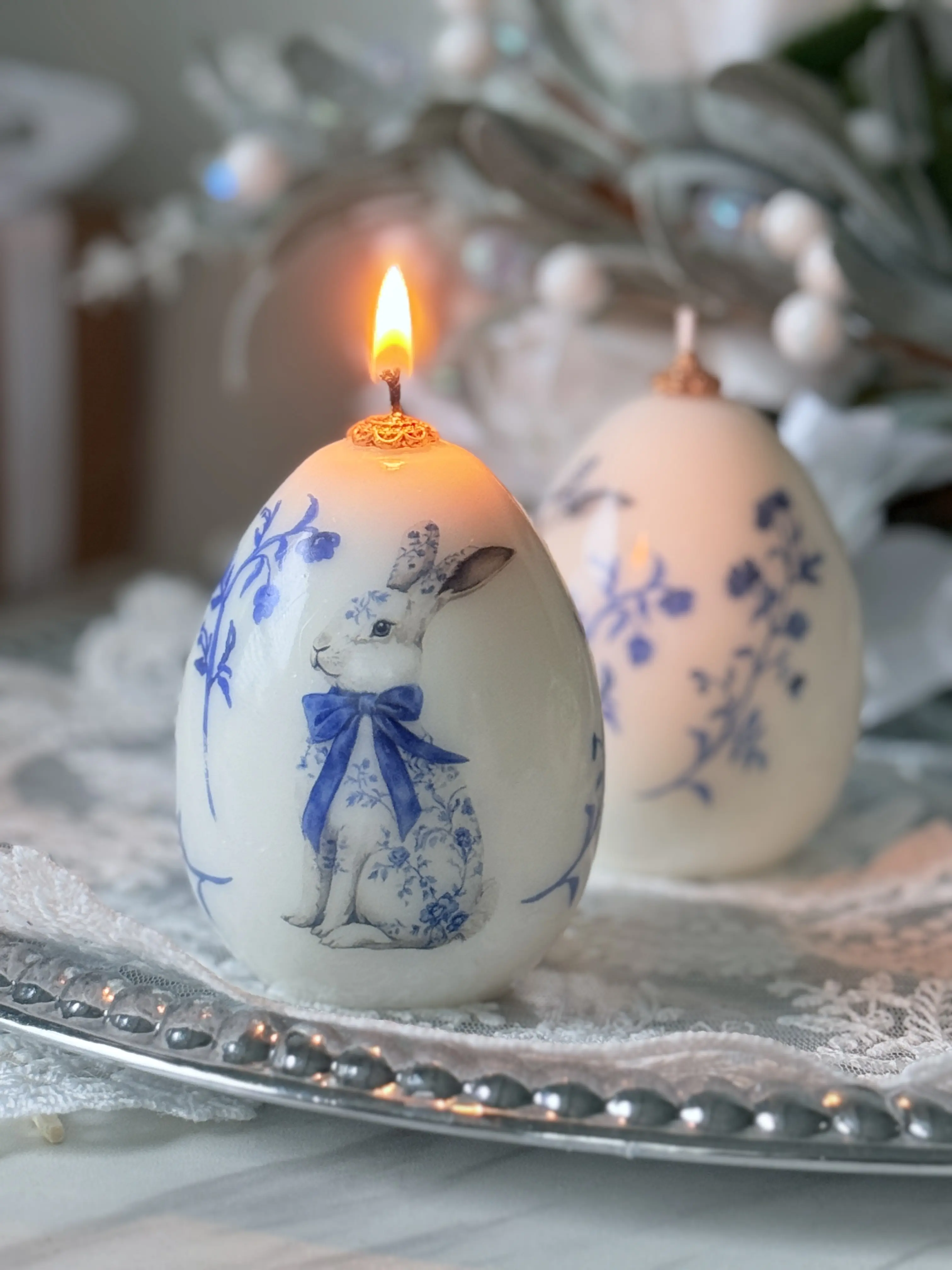 1 pc Vintage Easter Candle - Handmade Beeswax & Soy Candle - Blue Floral Easter Egg - Spring Home Decor - Easter Gift - Bunny Lover Gift