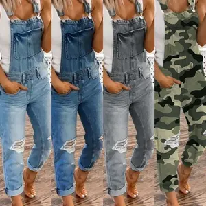 Women's Ripped Denim Bib Overalls Adjustable Straps Pockets Jean Rompers Casual Distressed Jeans Fit Jumpsuits   Style Sports Double Shoulder Strap Ripped Denim Jumpsuit Women's Casual Wear Dungarees Comfort rompers women romper