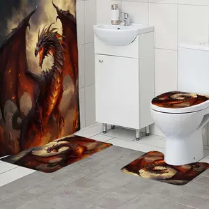 1/4pc Double winged Dinosaur Pattern Bathroom Set, The 4-piece set includes a single shower curtain, anti slip floor mat, toilet U-shaped mat, toilet lid mat, with shower curtain hook, and belongs to bathroom decoration products