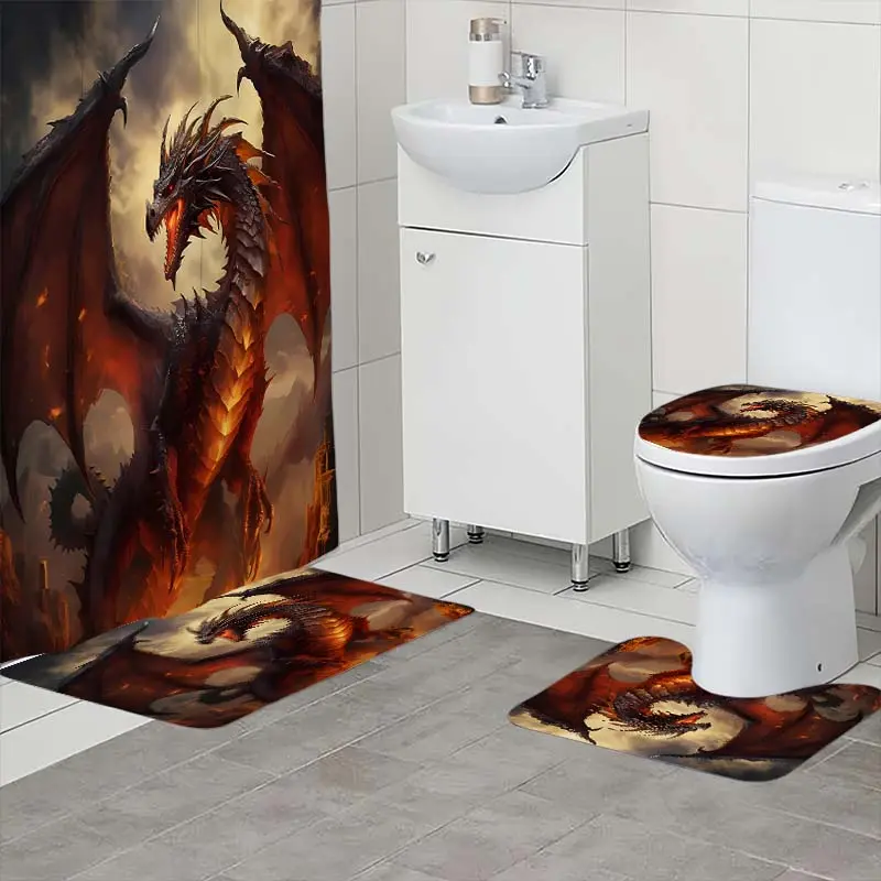 4pc Double winged Dinosaur Pattern Bathroom Set, The 4-piece set includes a single shower curtain, anti slip floor mat, toilet U-shaped mat, toilet lid mat, with shower curtain hook, and belongs to bathroom decoration products