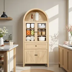 Arched Pantry Cabinet, 71" Tall Glass Door Display Storage Cabinets W/Drawer & Adjustable Shelves, Farmhouse Versatile Cupboard Bookshelf for Kitchen Dining Living Room, Wood