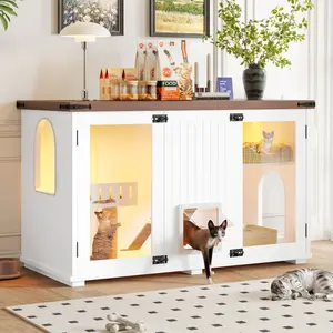 [Bellemave]46/47.25" Large Cat Litter Box Enclosure with LED Light, Hidden Litter Box Furniture, Cat House with Stairs and Cat Scratching Post, Cat Cabinet Side Table with Smart Doors for Living Room, White