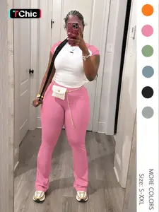 Women's Colorblock Top & Pants Two-piece Set, Casual Fitted Fashion Cozy Breathable Two Piece Outfits for Daily Outdoor Wear, Ladies Summer Clothes