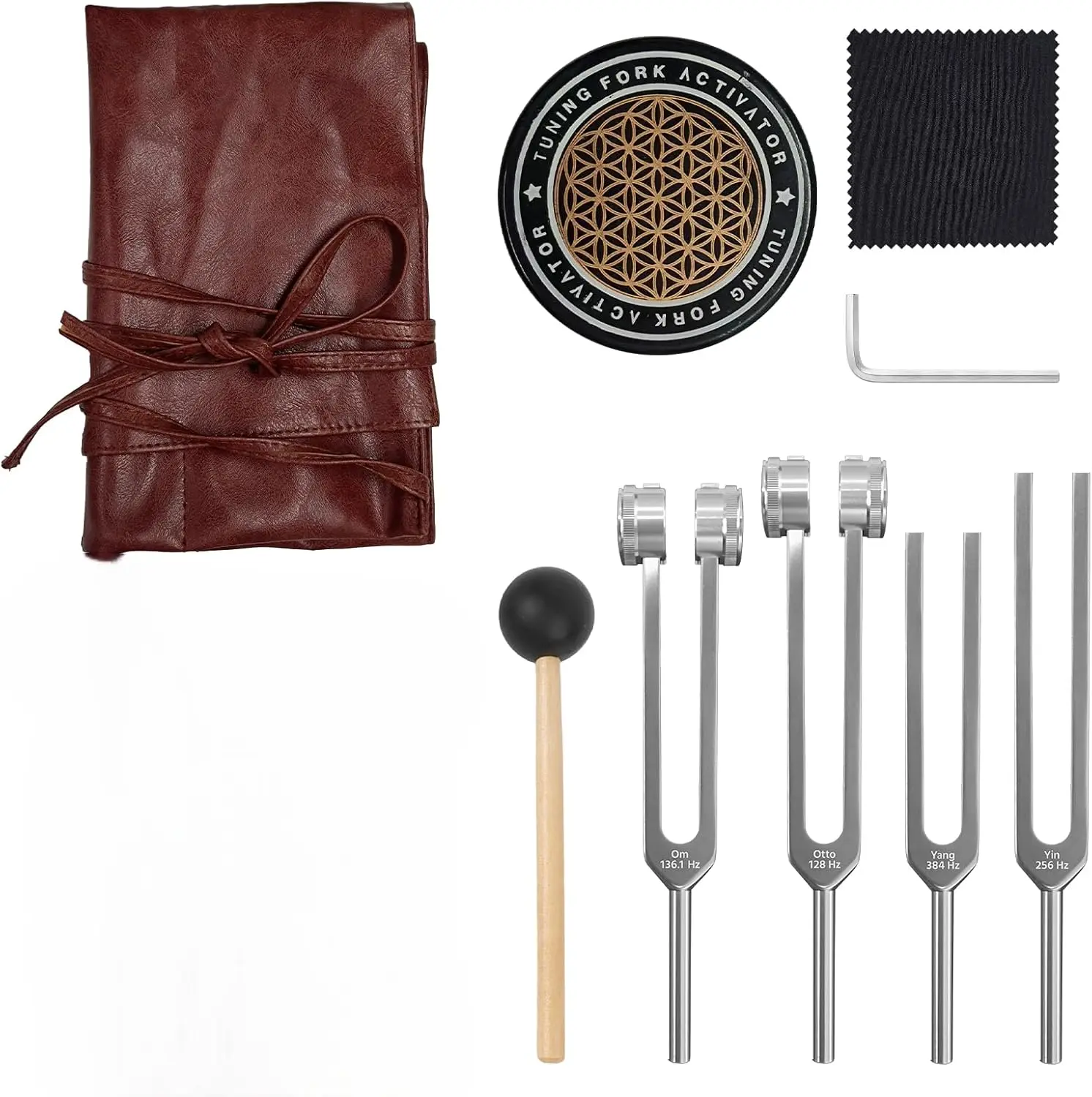 Tuning Forks for Healing Set (128Hz, 136Hz，256Hz, 512Hz) — Calibrated Weighted Tuning Forks | 2 Weighted + 2 Unweighted Aluminum Alloy Forks with Mallet, Velvet Pouches
