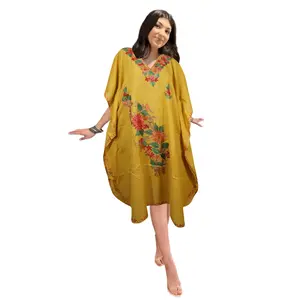Women's Yellow Kaftan Short Dress, Perfect for Vacation, Cruise, Cotton Lounge Wear L-2XL