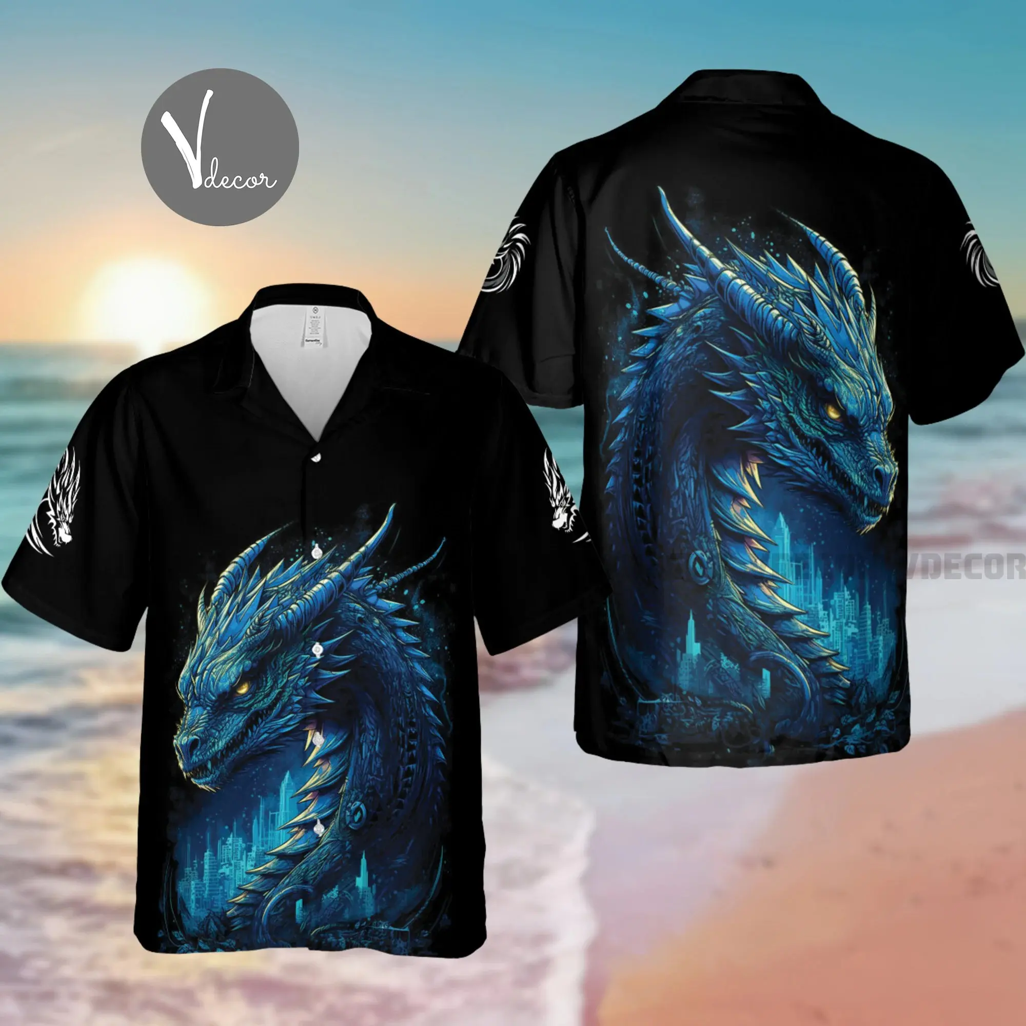 Blue Dragon Hawaiian Shirt, Mythical Aloha Shirt for Men, 3D Summer Beach Button Shirt Gift