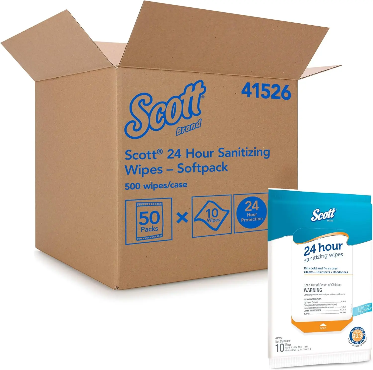Scott 24 Hour Sanitizing Wipes – Multi-Surface Cleaning & Disinfecting, Continuous Sanitization for 24 Hours – (41526), 50 Packs x 10, 500 Wipes