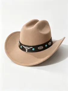 Western Cowboy Hat, Vintage Structured Wide Brim Hat, Men's Ranch Outing, Women's Felt Bull Head Metal Plate, Turquoise Pattern, Leather Strap