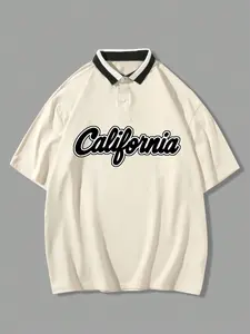 California Letter Graphic Polo Shirt, Retro Contrast Color Collar Short Sleeve Tee, Oversized Baggy Streetwear for Men, Aesthetic West Coast Summer Top, Casual Polo