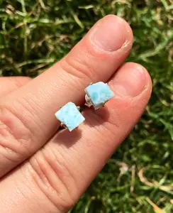 Larimar Raw Natural Earrings in Prong Stud Setting - Sterling Silver