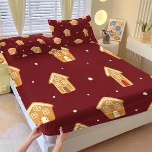 3-Piece Children'S Bedding Set, Children'S Gift, Cute Cartoon Gingerbread House Pattern Printed Fitted Sheet Set, Suitable for Children'S Bedroom Decoration, Soft and Comfortable, Including 1 Fitted Sheet and 2 Pillowcases