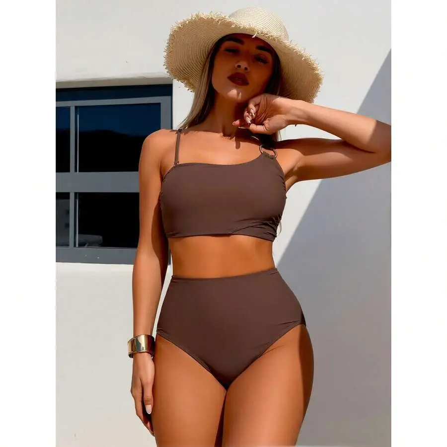 Women's High Waisted 2-Piece Nylon Blend Tankini Bikini Set - Sleeveless Crop Top, High Stretch, Solid Brown, Multi-Size for Summer Beach Water Sports, Two Piece Set