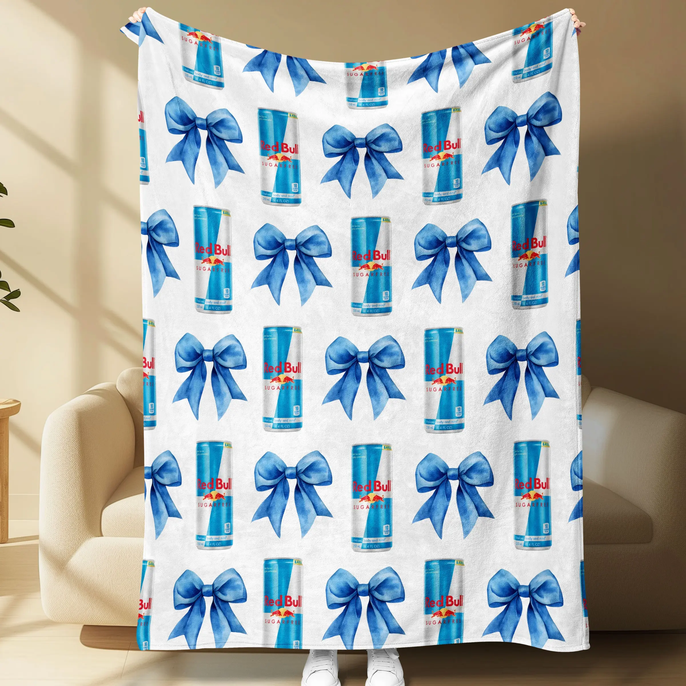 Bull with Blue Bows Flannel Throw, Trendy Preppy Style Design, Cozy Lightweight Blanket for Living Room Office, Soft Warm Comfortable, Cozy Throw Blankets