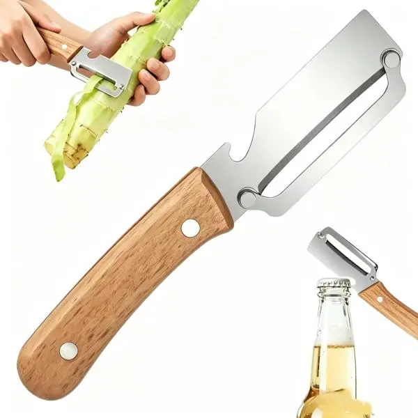 Multi-Function Sharp Steel Blade Fruit-Vegetable Peeler with Anti-Slip Ergonomic Solid Wood Handle, Attached Bottle Opener, Compact Sturdy Kitchen Utensil for Daily Use Meal Preparation (Home Supplies)