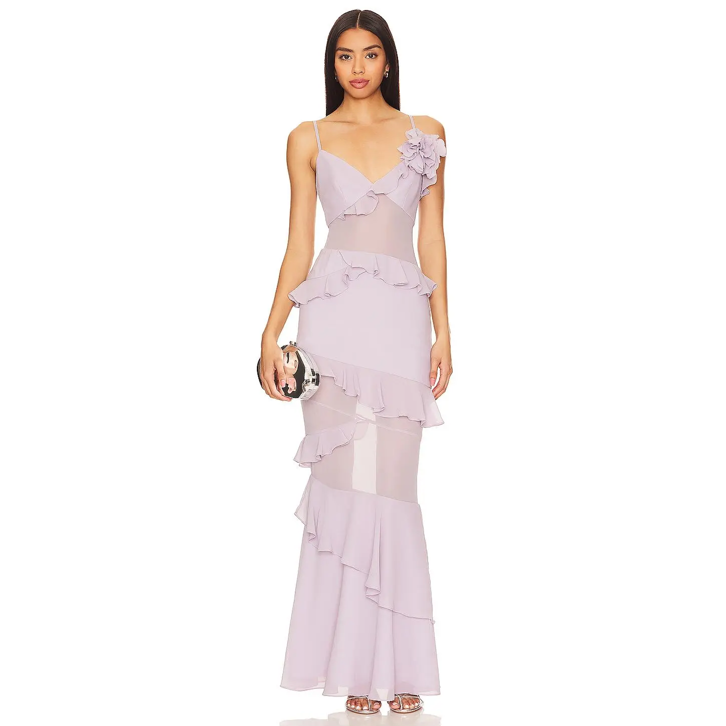 strapless open back dress Plus Size Elegant See-Through Deep V Neck Floor Length Short Ruffles S main image 1