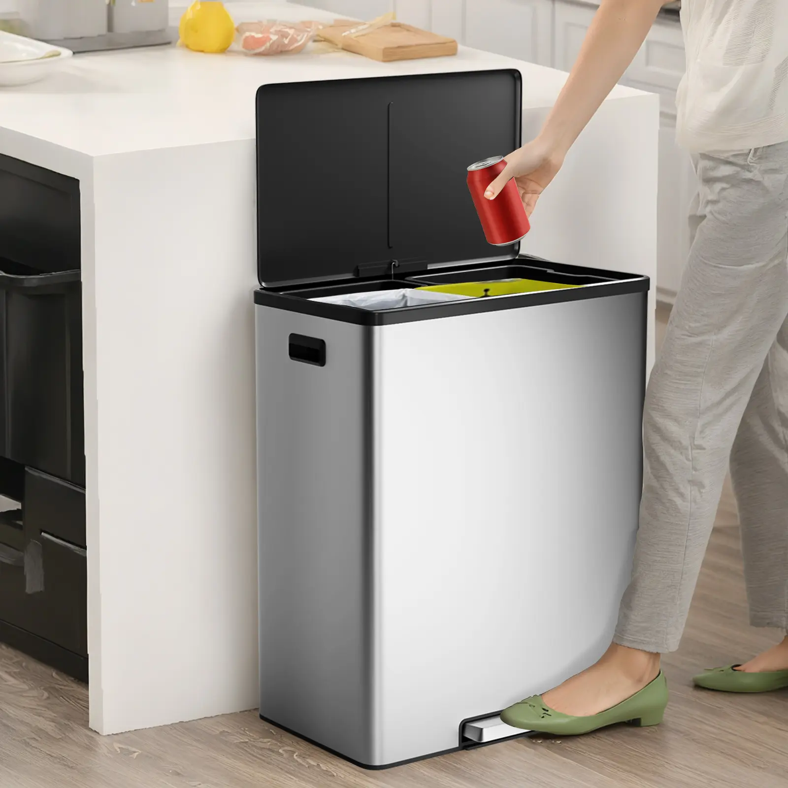 16 Gallon Dual Recycling Bin – Stainless Steel Step Trash Can – Double Removable Buckets, Soft-Close Lid – Silver/Black/White – Perfect for Kitchen Waste Separation, Home Office, or Pantry