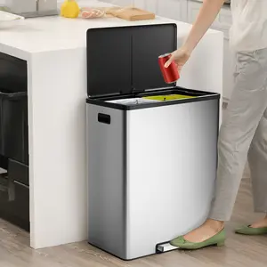 16 Gallon Dual Recycling Bin – Stainless Steel Step Trash Can – Double Removable Buckets, Soft-Close Lid – Silver/Black/White – Perfect for Kitchen Waste Separation, Home Office, or Pantry