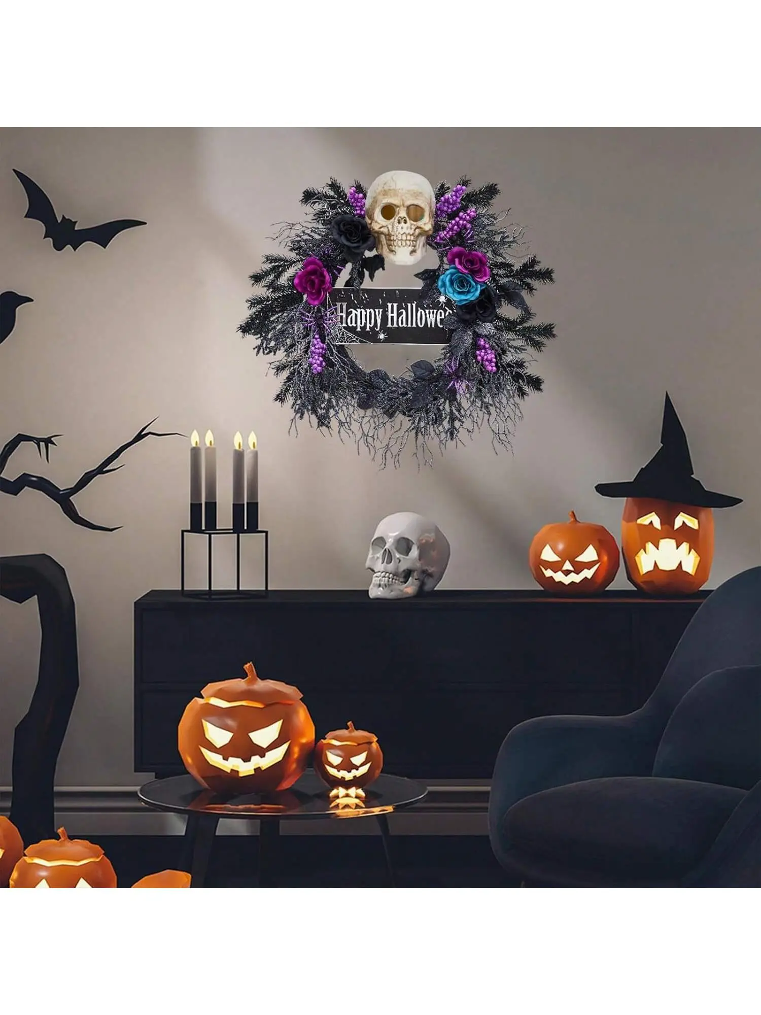 22'' Halloween Spooky Skull Wreath with Lights, Black-Blue-Purple Flowers, Indoor/Outdoor Covered Decoration Ornaments, Christmas Gift