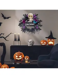 Halloween Wreath 22'' - Spooky Skull Wreath with Lights, Black, Blue, Purple Flowers, Indoor/Covered Outdoor Decoration Garland Ornaments
