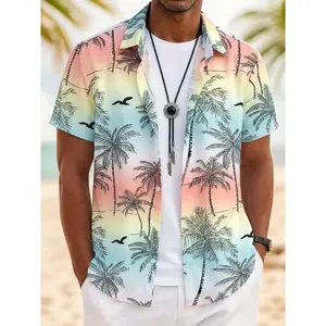 Men's Relaxed Fit Hawaiian Beach Shirts | Lightweight Breathable Fabric with Gradient Palm Tree Tropical Print | Short Sleeve Button-Down Vacation Outfit for Beach, Resort & Cruise Trips
