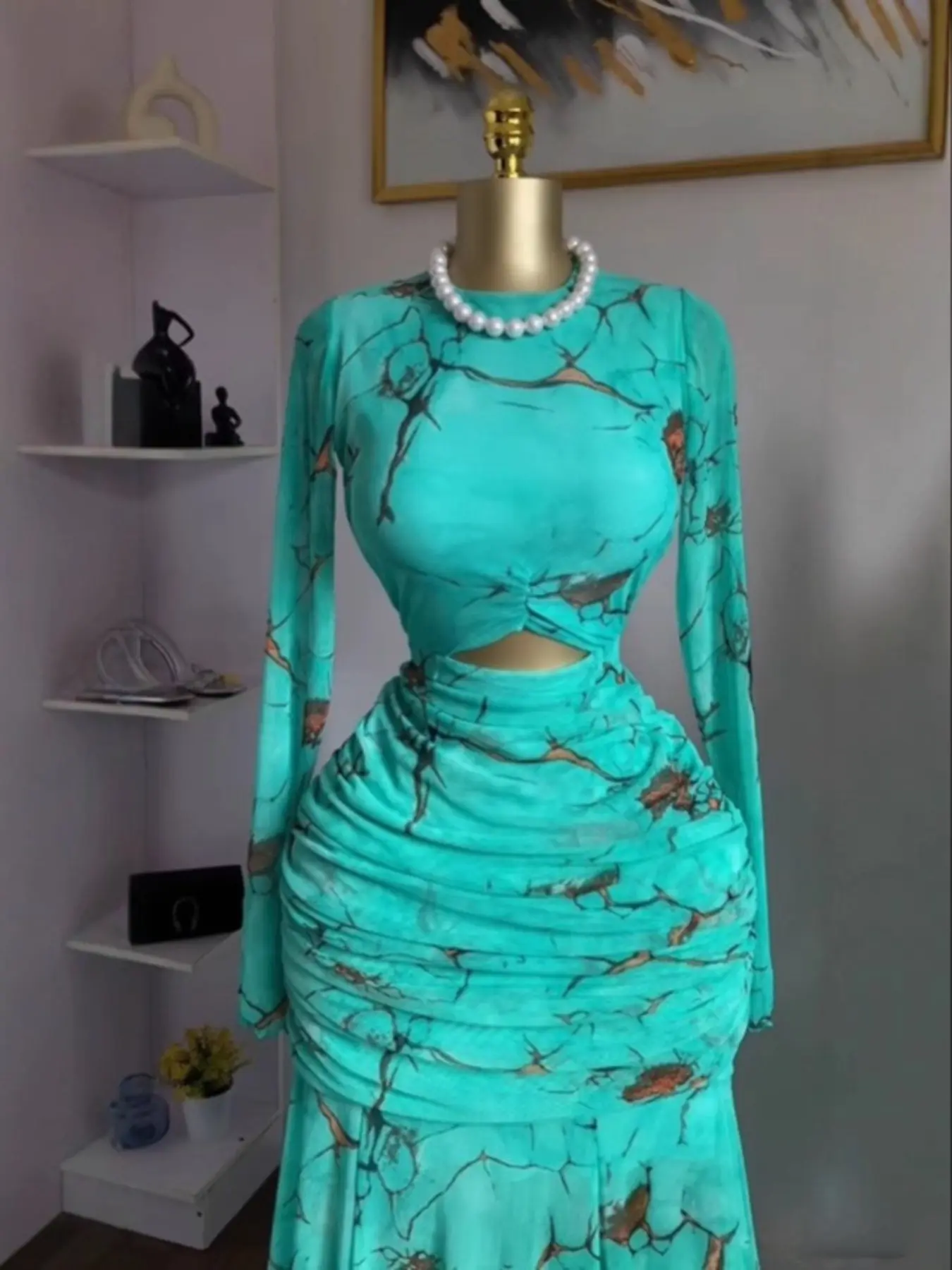 PULKRITU Winter Autumn Women's Round Neck Cut-Out Front Fitted Mermaid Dress,  Sexy Night Out Maxi