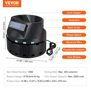 VEVOR Coin Counter and Coin Sorter with LCD, Coin Sorting Machine Suitable for Coins 1 5 10 25 1, Can Sort 300 Coins Per Minute, Coin Counter Can Hold 2000 Coins, Includes 5 Coin Bins and 5 Tubes