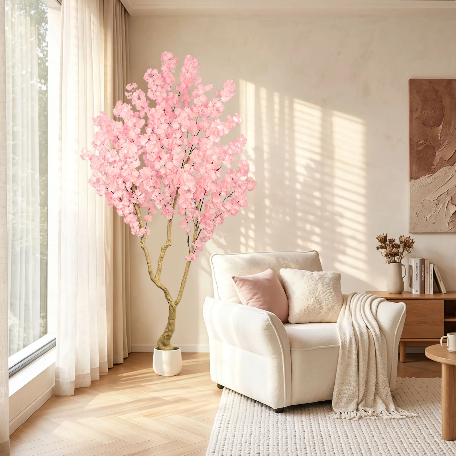 5FT 6FT 7FT Artificial Cherry Blossom Tree Handmade Silk Flowers White Pot, Realistic Faux Sakura Decor for Indoor Home Decor,Garden, Wedding, Party, Office