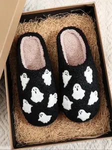 Women's Halloween Themed Cartoon Ghost Pattern Plush Slippers, Casual Soft Comfortable Home Slippers, Warm Slippers for Indoor & Outdoor Use for Fall & Winter