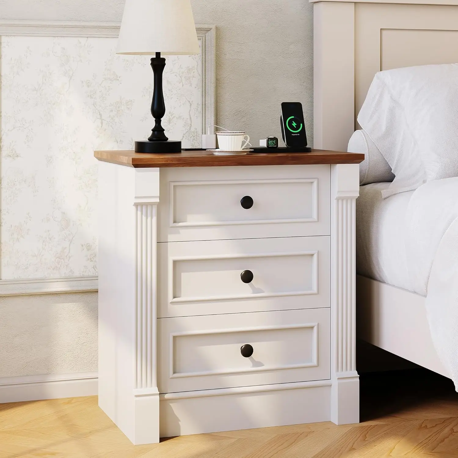 Farmhouse Rustic Assembled Multi-Purpose Nightstand with Charging Station, 3 Drawers & Roman Column Design, 23.62" Wide Wood End Table for Bedroom, White Bedside Table for Living Room, Assembled Bedside Tables, Multi-Purpose Bedside Tables