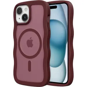 for iPhone 13/iPhone 14 Phone Case Compatible with MagSafe, Curly Wave Frame & Matte Translucent Hard Back, Soft Silicone Bumper Shockproof Protective Magnetic Phone Cover-Wine Red
