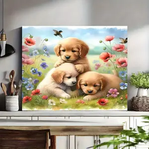 2D Flat 1 Piece Heartbeat Oil Painting Poster - On a Vibrant Grassland, Adorable Golden Retriever Puppy, Wooden Frame Painting, Suitable for Home and Office Decoration, Suitable for Living Room, Bedroom, Kitchen or Dining Room, Living Room Art| Calm Scene