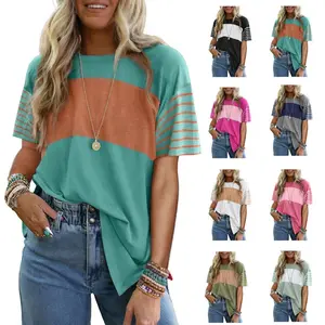 Crewneck Women's Casual Short-Sleeve Color-Block Striped Patchwork Tunic T-Shirt - Lightweight, Loose-Fit, Comfortable Everyday Women's Tops for Summer, Shortsleeve, Tee