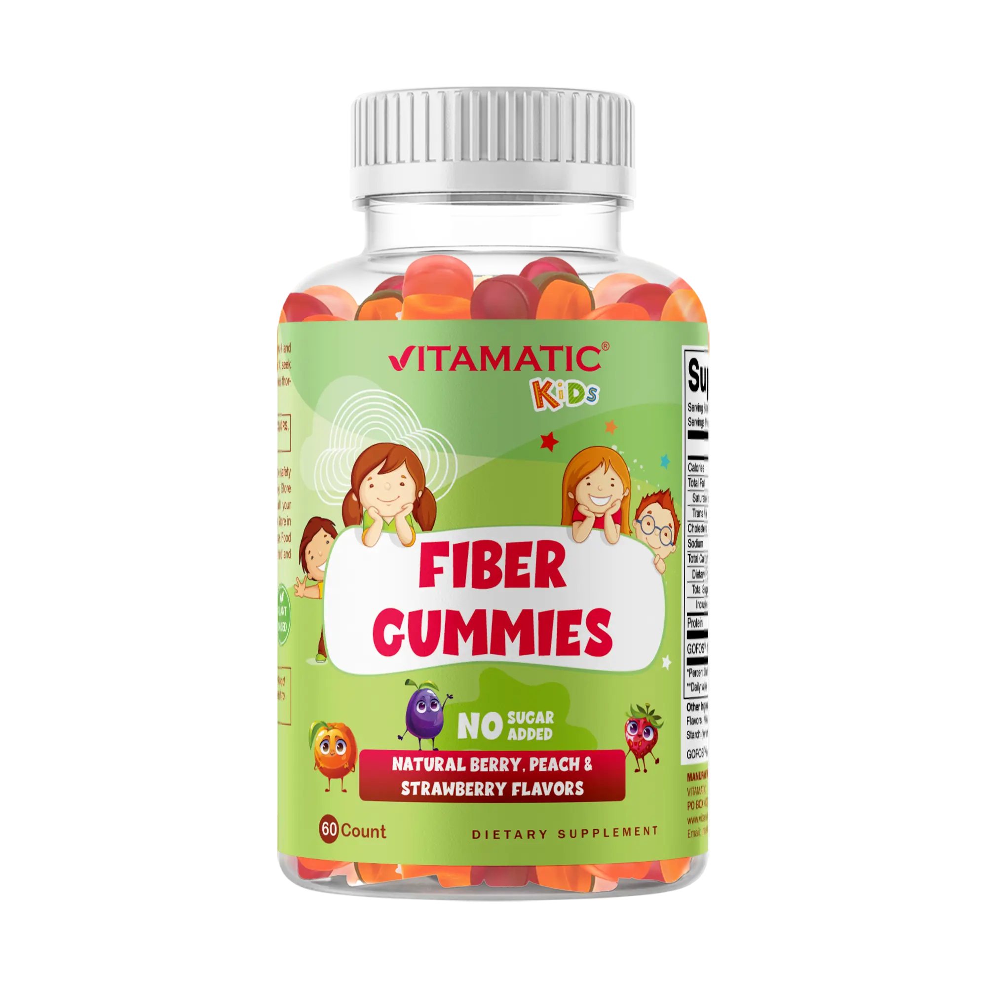 Vitamatic Kids Prebiotic Fiber Gummies Extra Strength 4g Fiber Zero Sugar Added 60 Pectin-Based Gummies Digestive Health Regularity Support Natural Berry Peach Strawberry Flavors