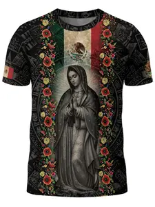 Mexico Flag Guadalupe Aztec Floral Traditional Cultural Heritage Pride Shirt, Round Neck Fitted Design with All over Ethnic Flower Patterns, Casual Wear for All Seasons, Clothes