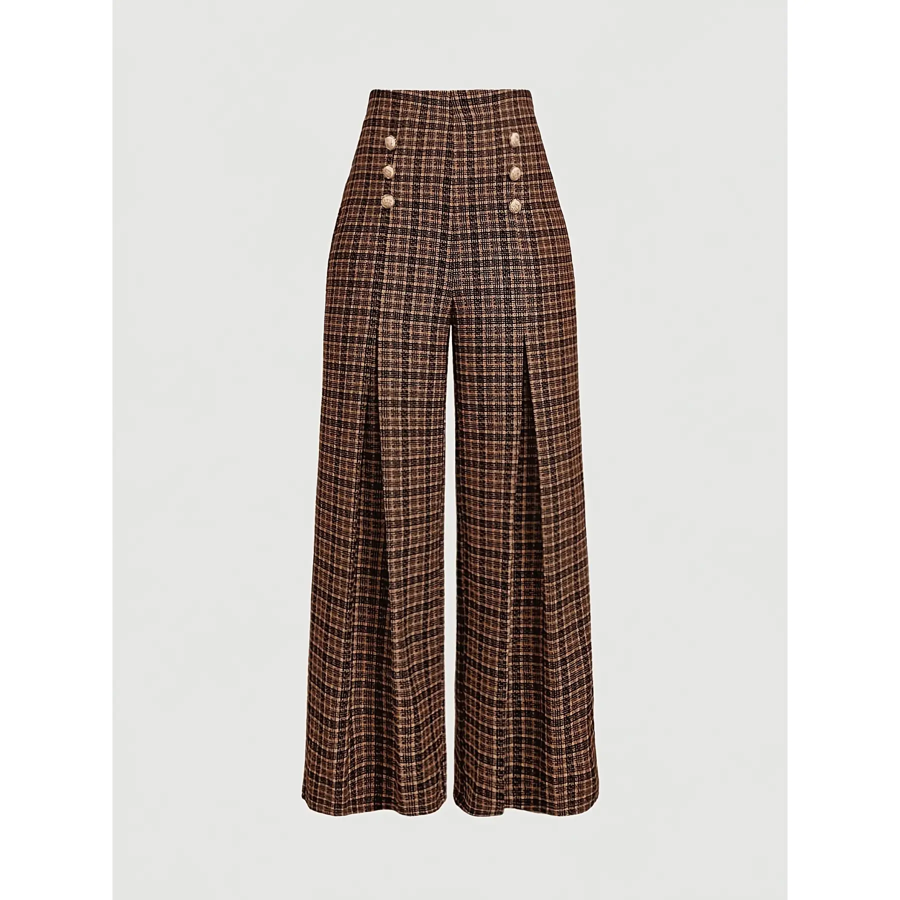 Women's-Waisted Wide-Leg Trousers - Brown/Beige/White/Black Plaid Pants with   & Button Closure, All-Season Machine-Washable Trousers, Casual & Formal Wear - Elegant Loose-Fit Tailored (OA115)