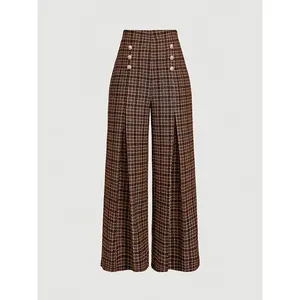 Women's-Waisted Wide-Leg Trousers - Brown/Beige/White/Black Plaid Pants with   & Button Closure, All-Season Machine-Washable Trousers, Casual & Formal Wear - Elegant Loose-Fit Tailored (OA115)