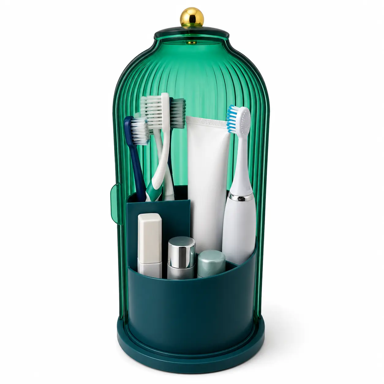 3-in-1 Multifunctional Modern Toothbrush Holder Vanity, 360° Rotating Dustproof Bathroom Accessory with Sliding Cover, Home Organization Caddy for Electric Toothbrushes & Toothpaste (Family Use)