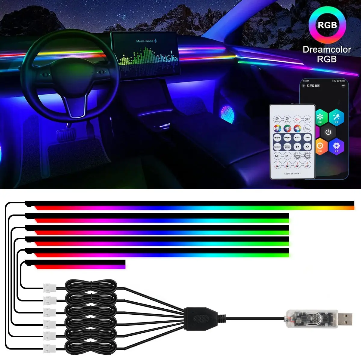 Acrylic Interior Car LED Strip Light with APP, RGB Color Fiber Optic Ambient Lighting, 16 Million Colors, Sound Active, Car Decor, Car Decorative Light