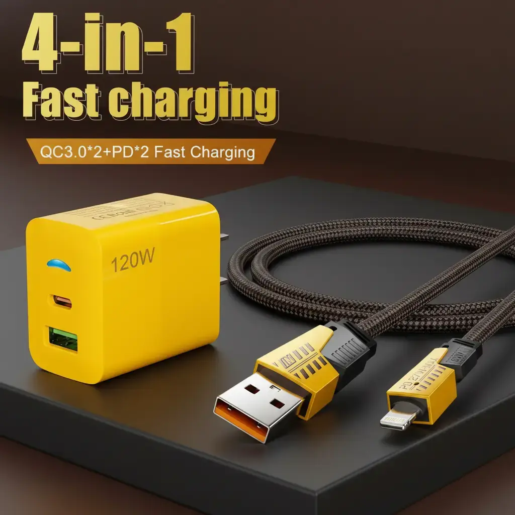 BrawRing1-Pack Portable Fast Charger, Type C/USB A Dual Ports Adapter,4 in 1 Fast Charging Cable & Data Sync, 5FT Flat Braided Charger Cord for iPhone 17/16/15/14/13/12Pro Max/iPad/Airpods/Samsung Series Phone Accessories Plug Durable Automatic Protection