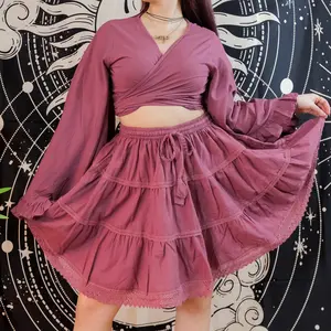 Flowy Cotton Mini Summer Skirt with Lace,Handmade Cotton Skirt with Pockets, Short Boho Bohemian Earthy Skirt with Ruffle Top, Festival Vibe